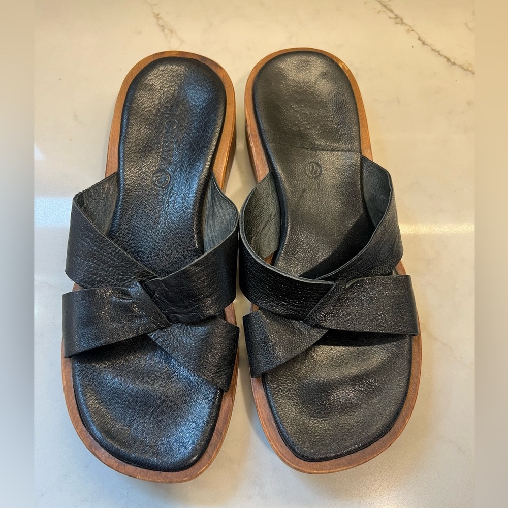J. Crew Black Leather Wooden Heel Sandals Cross Straps Neutral Minimalist Chic - Picture 6 of 10